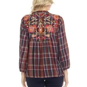 Johnny Was Resolva Paris Embroidered Plaid Blouse